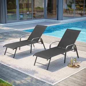 Aluminum Outdoor Chaise Lounge Chairs Set of 2, Patio Chaise Lounge with Adjustable Backrest & Armrest, Pool Lounge Chairs Heavy Duty for Outside, Lawn, Yard, Patio, Pool(2pcs,Black)