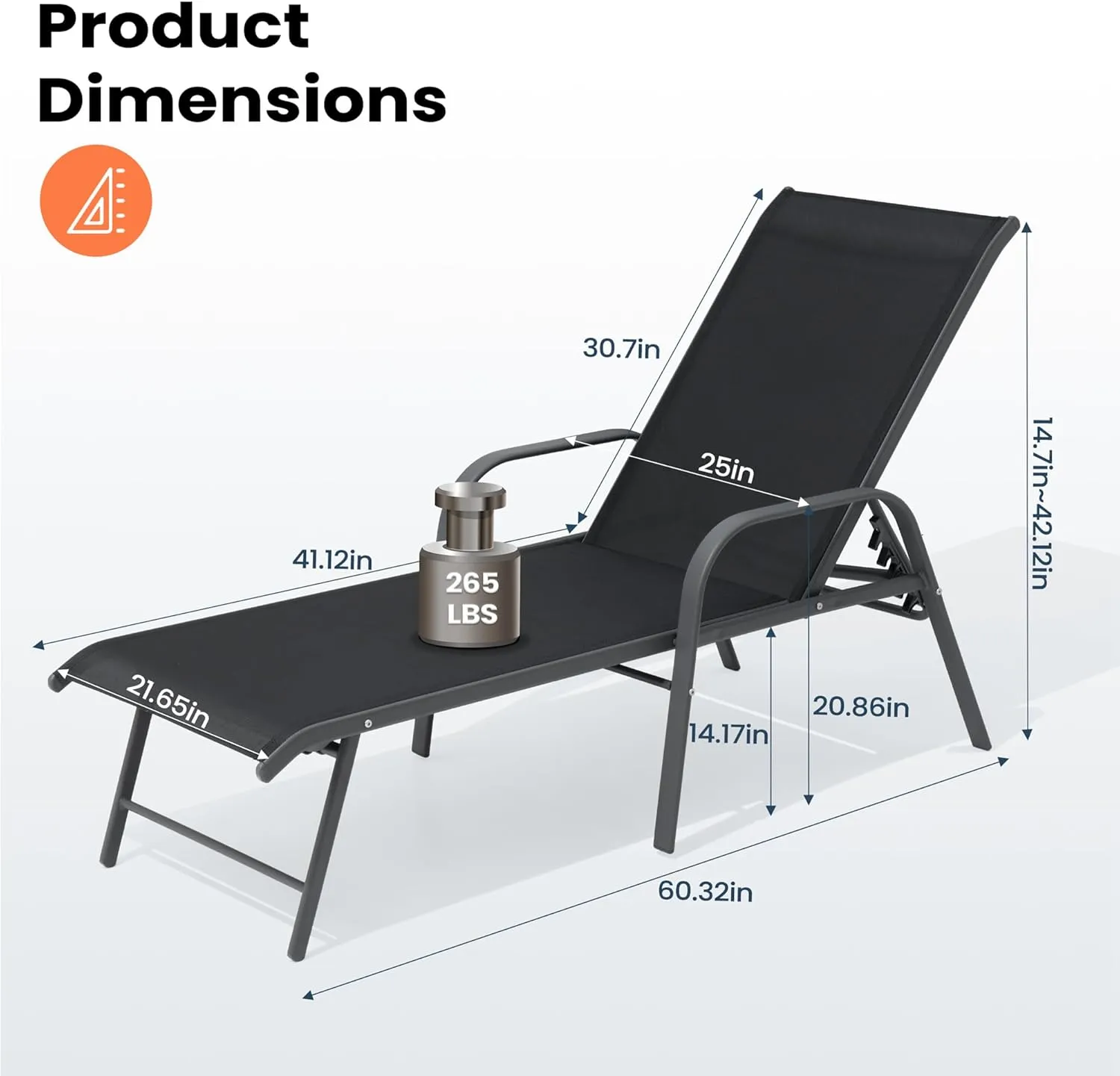 Aluminum Outdoor Chaise Lounge Chairs Set of 2, Patio Chaise Lounge with Adjustable Backrest & Armrest, Pool Lounge Chairs Heavy Duty for Outside, Lawn, Yard, Patio, Pool(2pcs,Black)