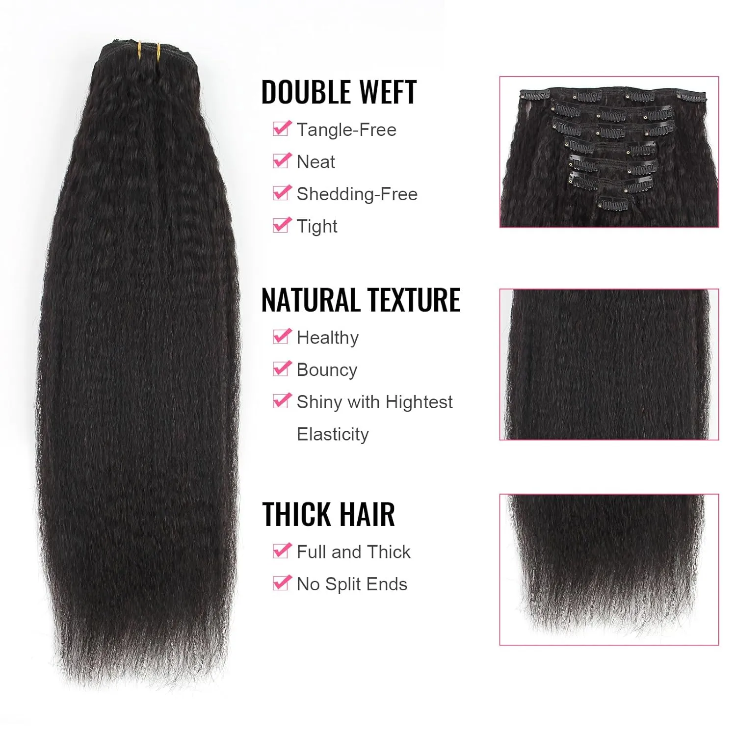 AmazingBeauty Kinky Straight Clip in Extensions Italian 8A Grade 100% Remy Hair Natural Black 7 Pieces with 17 Clips 120g/4.2oz per Set Fit For Full Head 12 Inch