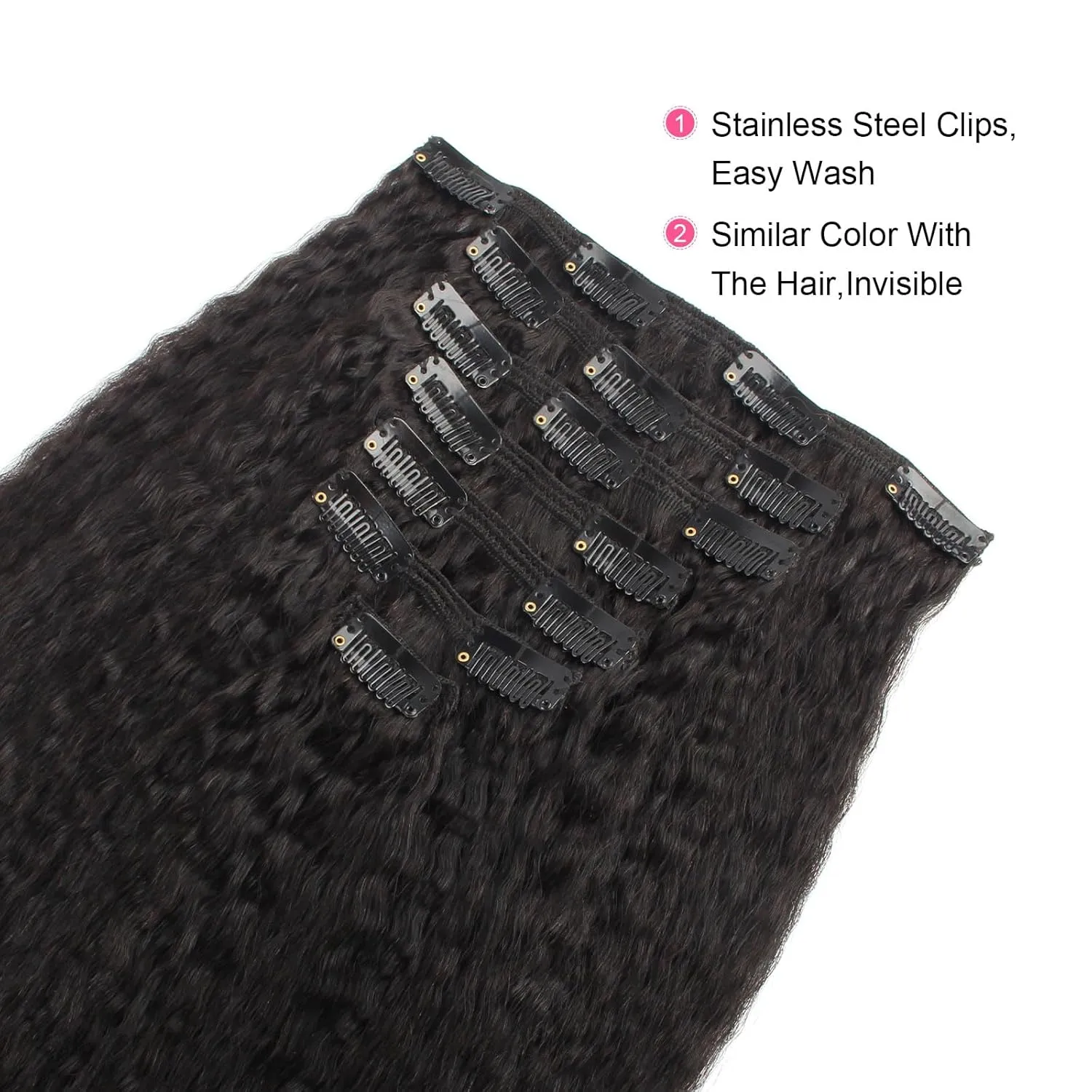 AmazingBeauty Kinky Straight Clip in Extensions Italian 8A Grade 100% Remy Hair Natural Black 7 Pieces with 17 Clips 120g/4.2oz per Set Fit For Full Head 12 Inch