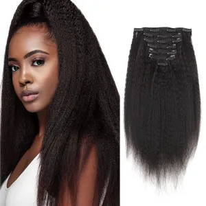 AmazingBeauty Kinky Straight Clip in Extensions Italian 8A Grade 100% Remy Hair Natural Black 7 Pieces with 17 Clips 120g/4.2oz per Set Fit For Full Head 12 Inch