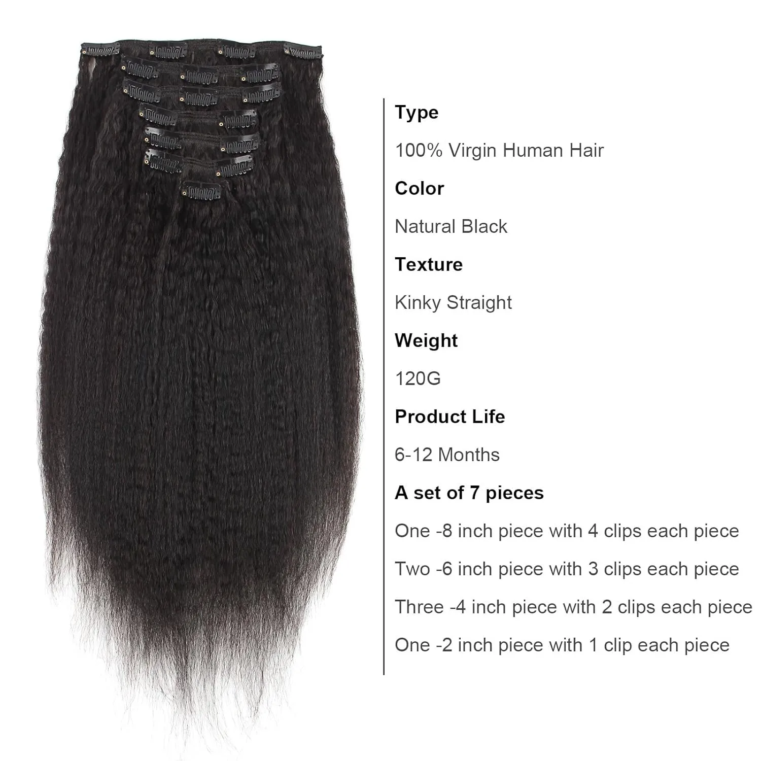 AmazingBeauty Kinky Straight Clip in Extensions Italian 8A Grade 100% Remy Hair Natural Black 7 Pieces with 17 Clips 120g/4.2oz per Set Fit For Full Head 12 Inch