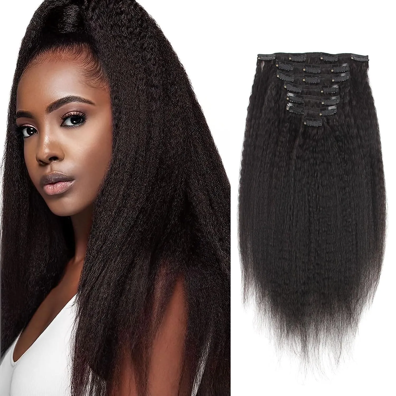 AmazingBeauty Kinky Straight Clip in Extensions Italian 8A Grade 100% Remy Hair Natural Black 7 Pieces with 17 Clips 120g/4.2oz per Set Fit For Full Head 12 Inch