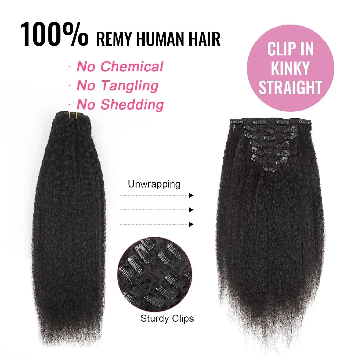 AmazingBeauty Kinky Straight Clip in Extensions Italian 8A Grade 100% Remy Hair Natural Black 7 Pieces with 17 Clips 120g/4.2oz per Set Fit For Full Head 12 Inch
