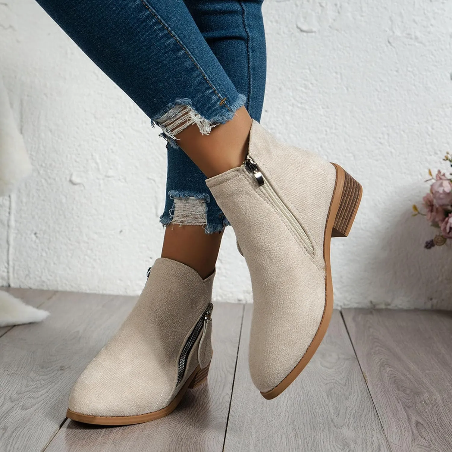 Ankle Boots for Women, Ladies Suede Booties Comfy Stacked Low Heels Short Boots with Zipper Dressy Casual Shoes