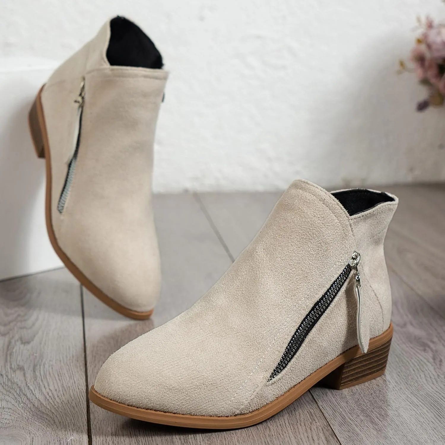 Ankle Boots for Women, Ladies Suede Booties Comfy Stacked Low Heels Short Boots with Zipper Dressy Casual Shoes