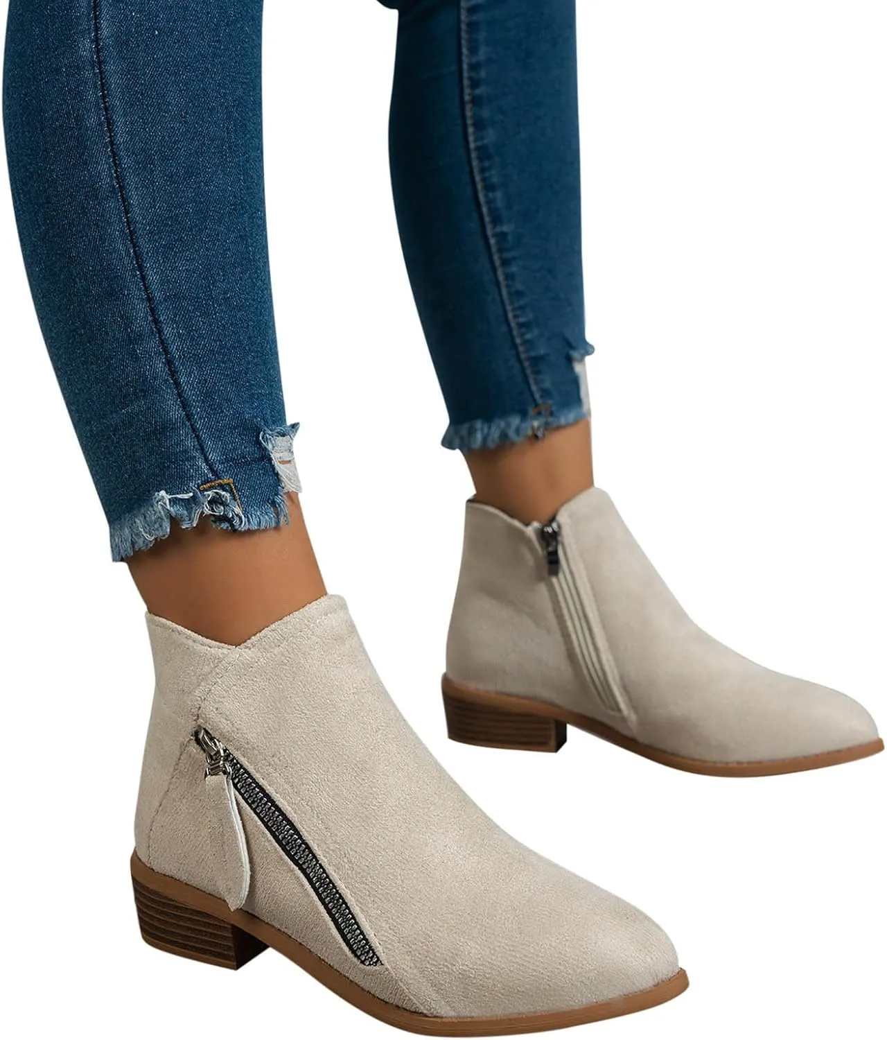 Ankle Boots for Women, Ladies Suede Booties Comfy Stacked Low Heels Short Boots with Zipper Dressy Casual Shoes