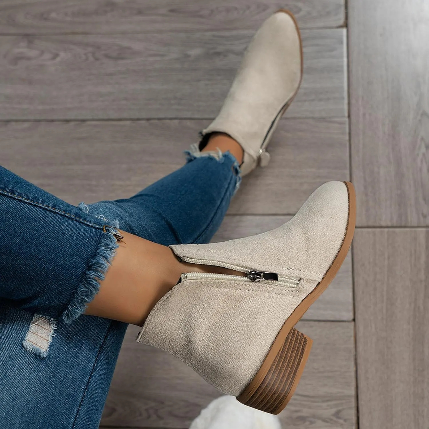 Ankle Boots for Women, Ladies Suede Booties Comfy Stacked Low Heels Short Boots with Zipper Dressy Casual Shoes