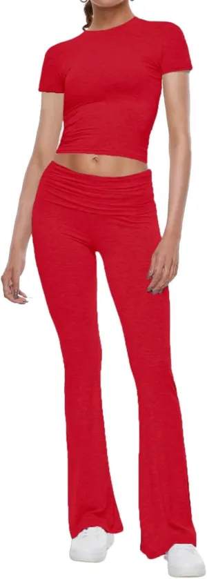 AnotherChill Women's 2 Piece Lounge Sets Fold-over Flare Pants Set Short Sleeve Crop Top Casual Outfits Comfy Loungewear