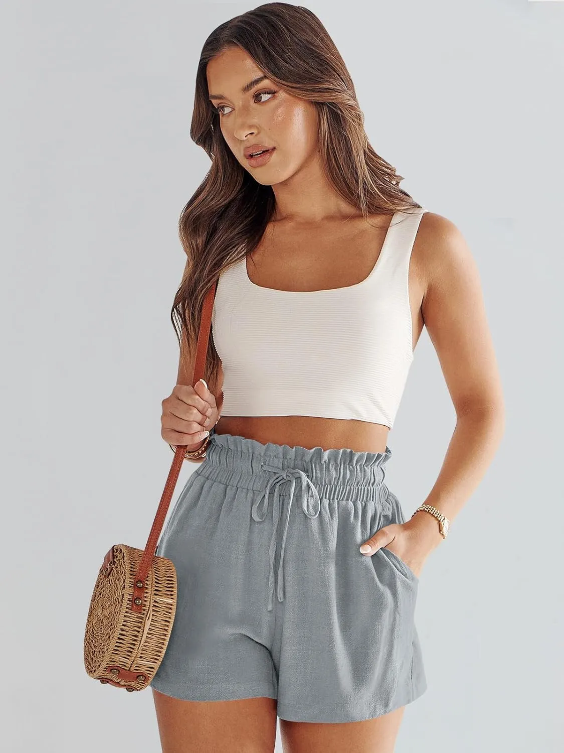 ANRABESS Linen Shorts for Women Summer Casual Wide Leg Loose High Waist Drawstring Dressy Beach Shorts 2025 Comfy Clothes