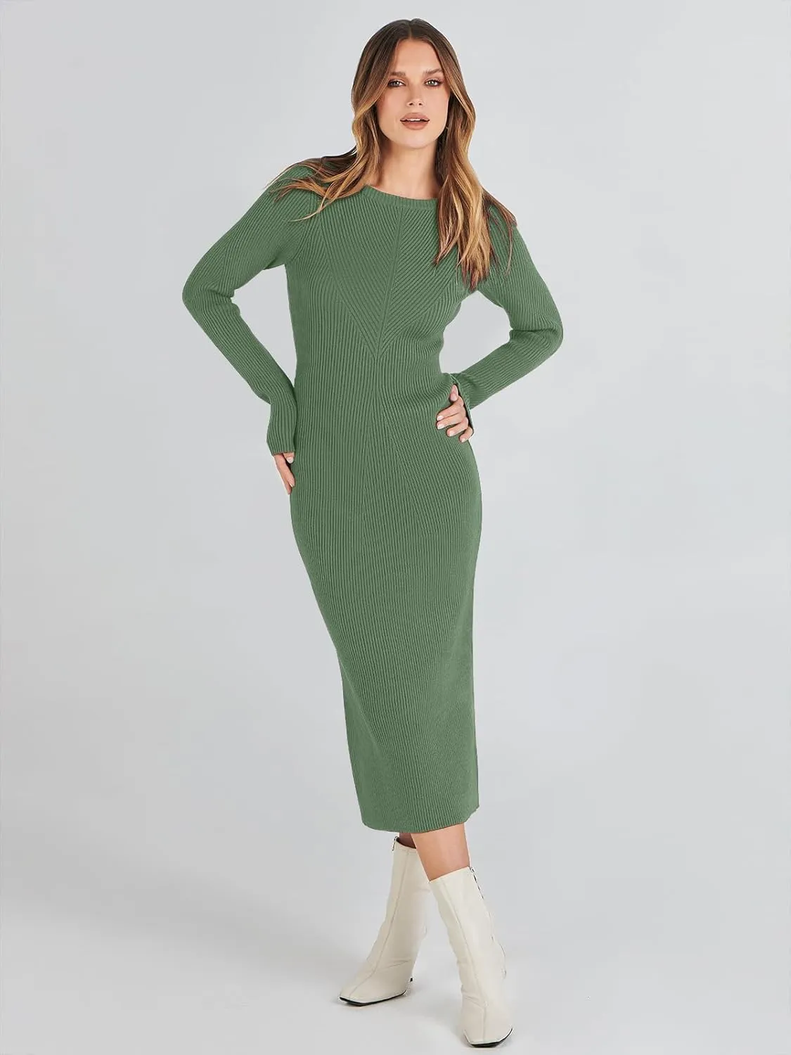 ANRABESS Women Long Sleeve Crewneck Sweater Dress Ribbed Knit Stretch Slim Fit Bodycon Midi Dresses Fall Fashion Outfits