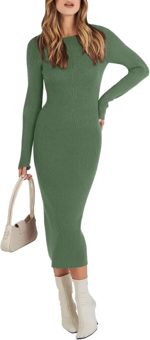 ANRABESS Women Long Sleeve Crewneck Sweater Dress Ribbed Knit Stretch Slim Fit Bodycon Midi Dresses Fall Fashion Outfits