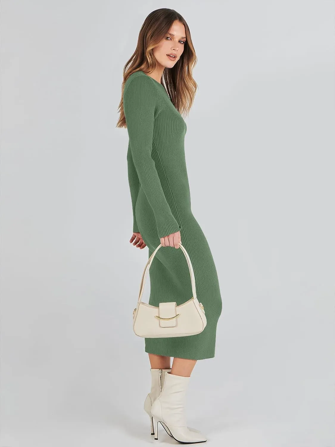 ANRABESS Women Long Sleeve Crewneck Sweater Dress Ribbed Knit Stretch Slim Fit Bodycon Midi Dresses Fall Fashion Outfits