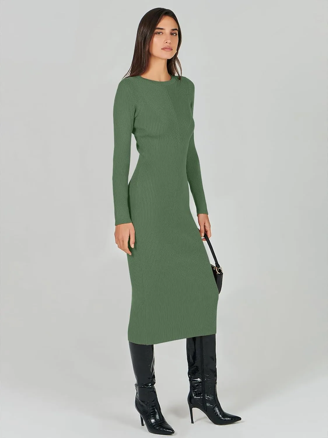 ANRABESS Women Long Sleeve Crewneck Sweater Dress Ribbed Knit Stretch Slim Fit Bodycon Midi Dresses Fall Fashion Outfits