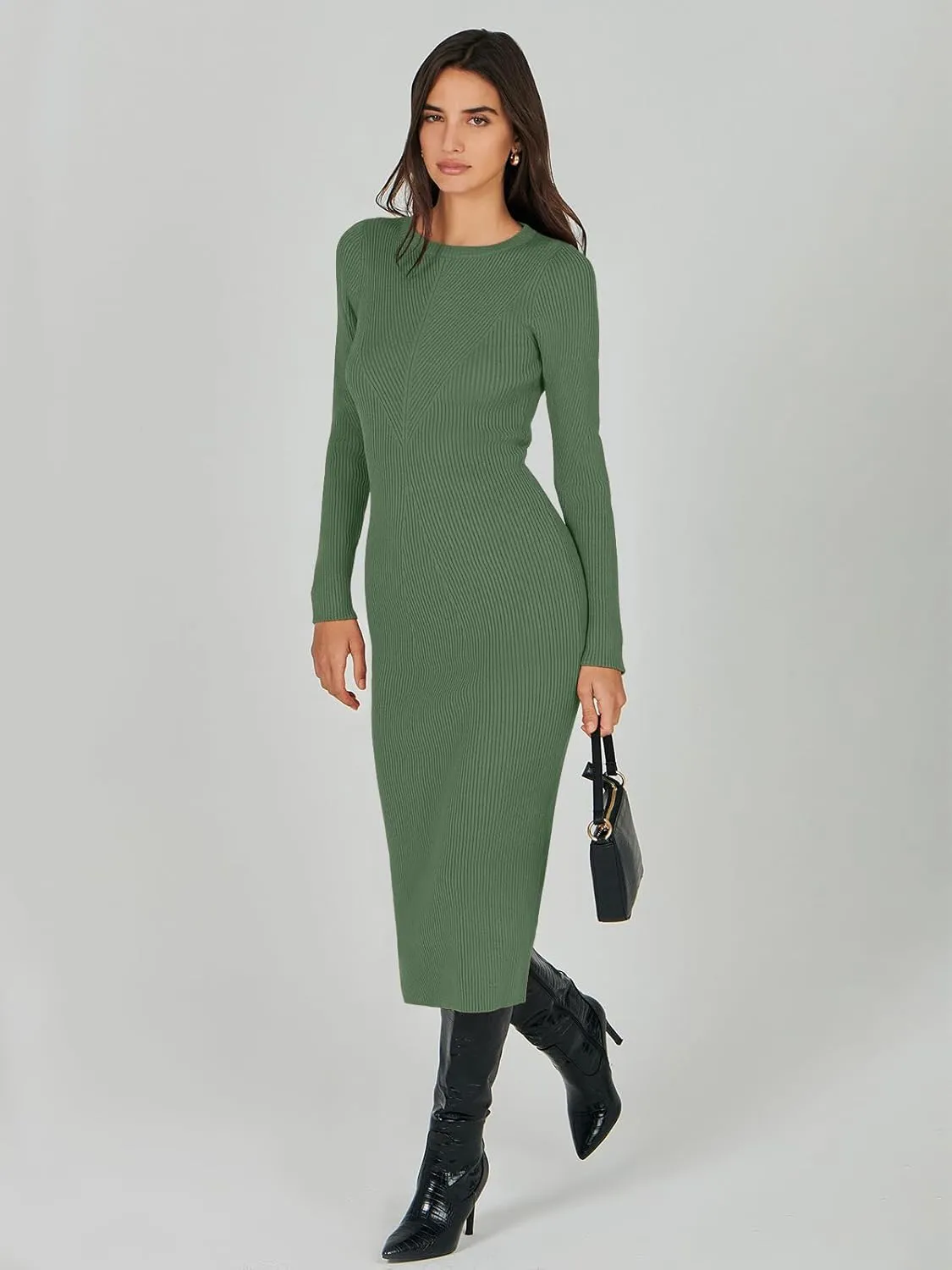 ANRABESS Women Long Sleeve Crewneck Sweater Dress Ribbed Knit Stretch Slim Fit Bodycon Midi Dresses Fall Fashion Outfits