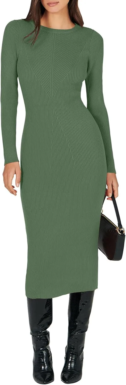 ANRABESS Women Long Sleeve Crewneck Sweater Dress Ribbed Knit Stretch Slim Fit Bodycon Midi Dresses Fall Fashion Outfits