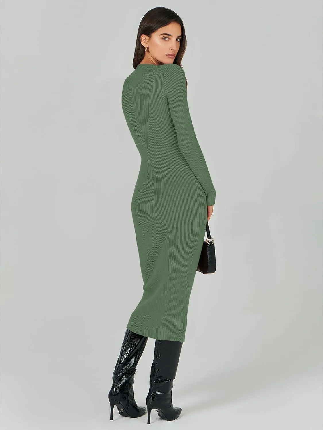 ANRABESS Women Long Sleeve Crewneck Sweater Dress Ribbed Knit Stretch Slim Fit Bodycon Midi Dresses Fall Fashion Outfits