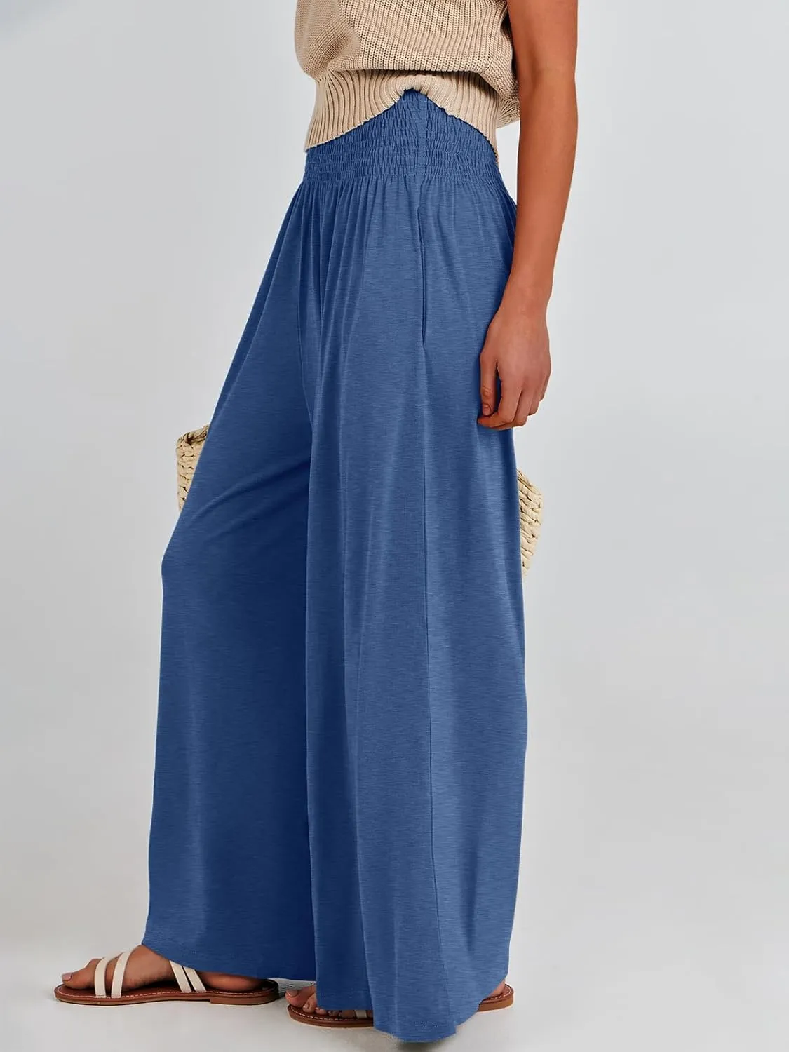 ANRABESS Women Palazzo Pants Summer Boho Bagyy Wide Leg High Smocked Waist Casual Loose Lounge Pant with Pocket