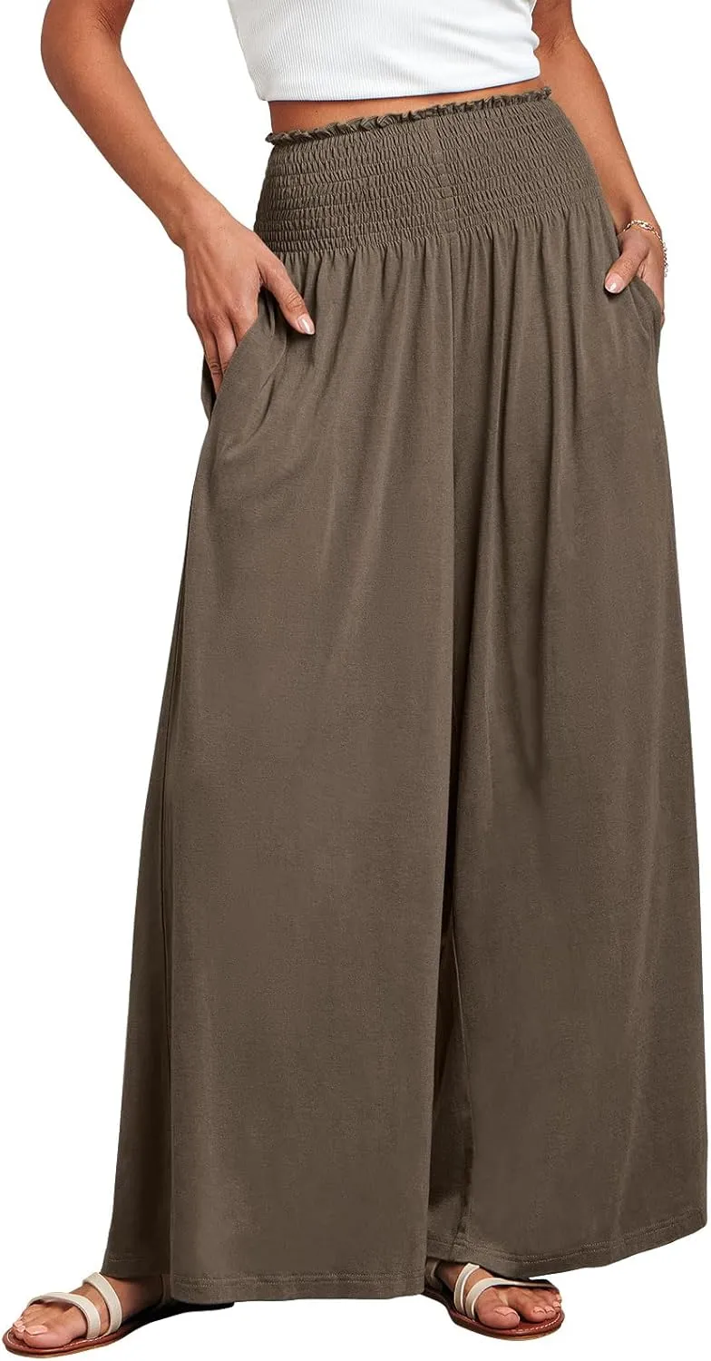 ANRABESS Women Palazzo Pants Summer Boho Bagyy Wide Leg High Smocked Waist Casual Loose Lounge Pant with Pocket