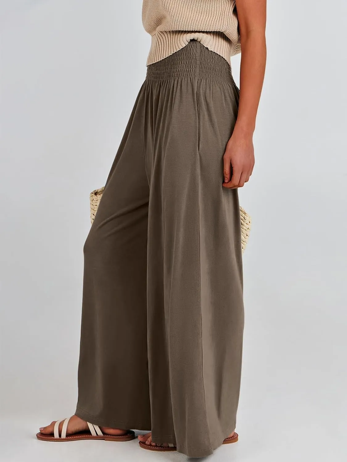 ANRABESS Women Palazzo Pants Summer Boho Bagyy Wide Leg High Smocked Waist Casual Loose Lounge Pant with Pocket