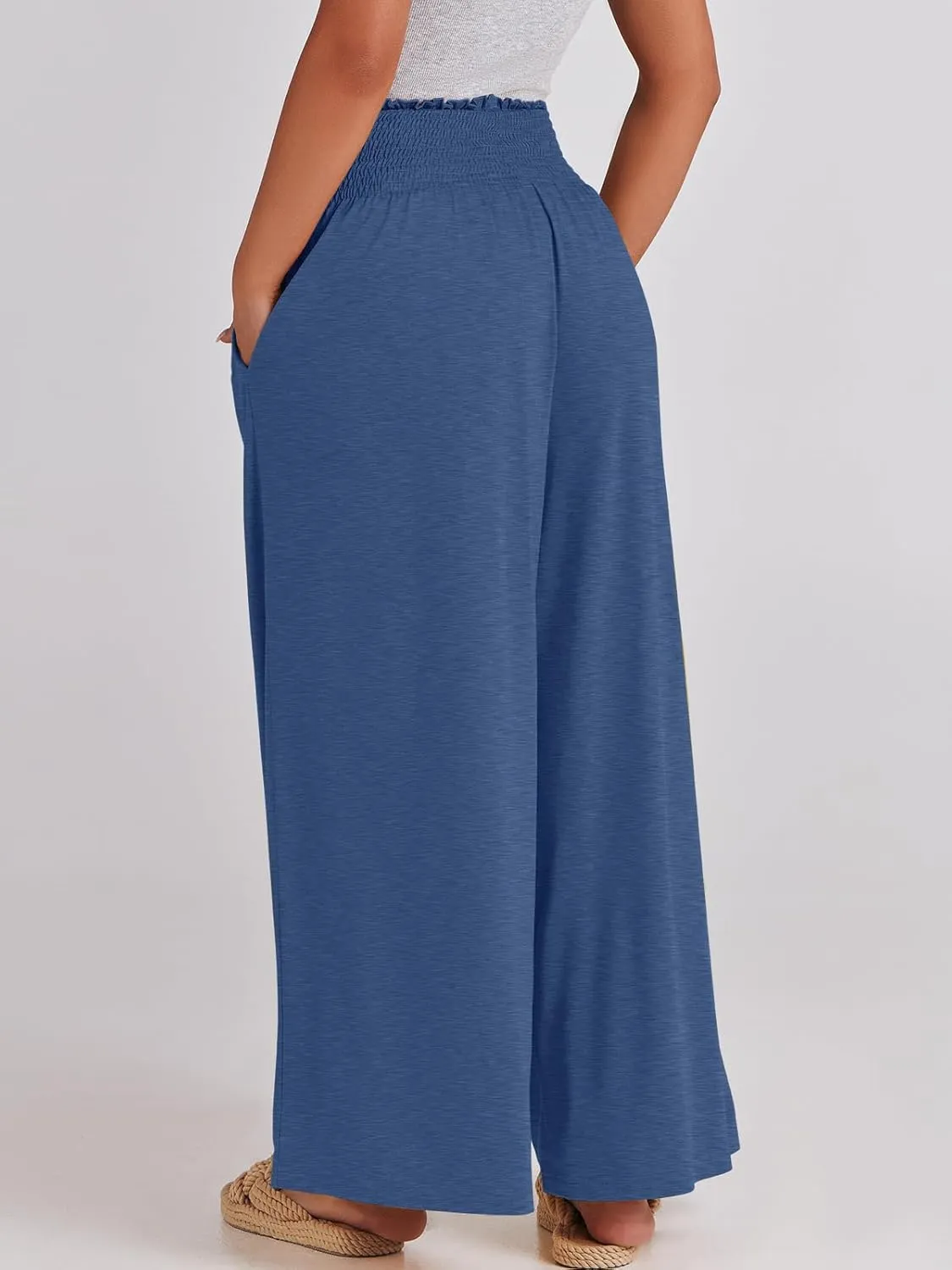 ANRABESS Women Palazzo Pants Summer Boho Bagyy Wide Leg High Smocked Waist Casual Loose Lounge Pant with Pocket