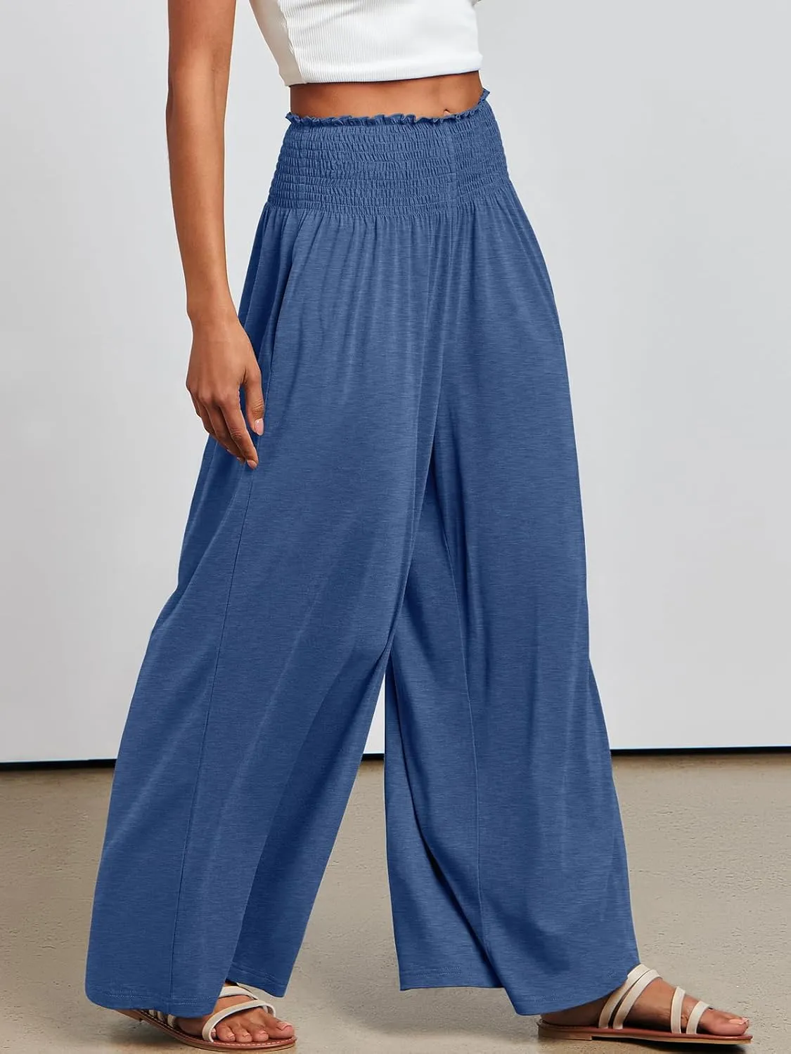 ANRABESS Women Palazzo Pants Summer Boho Bagyy Wide Leg High Smocked Waist Casual Loose Lounge Pant with Pocket