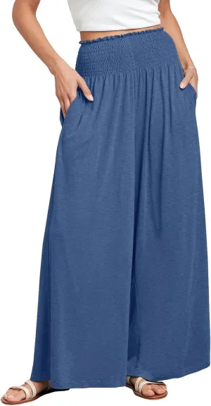ANRABESS Women Palazzo Pants Summer Boho Bagyy Wide Leg High Smocked Waist Casual Loose Lounge Pant with Pocket