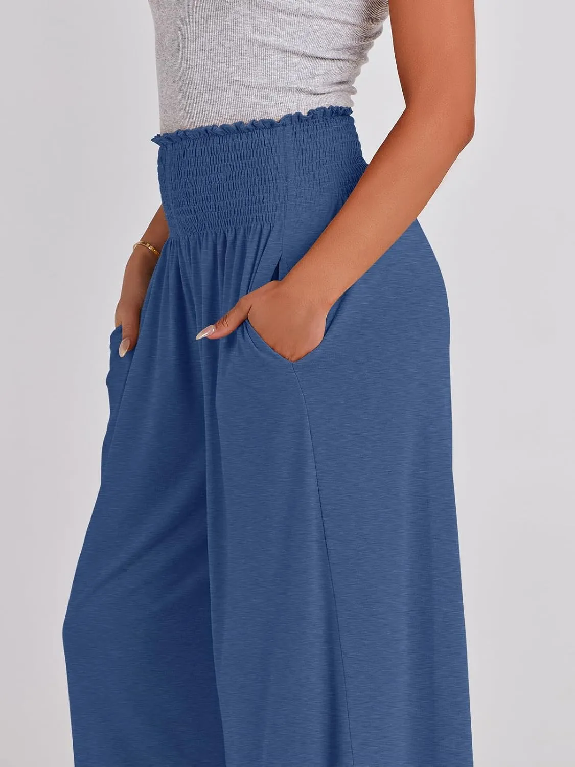 ANRABESS Women Palazzo Pants Summer Boho Bagyy Wide Leg High Smocked Waist Casual Loose Lounge Pant with Pocket