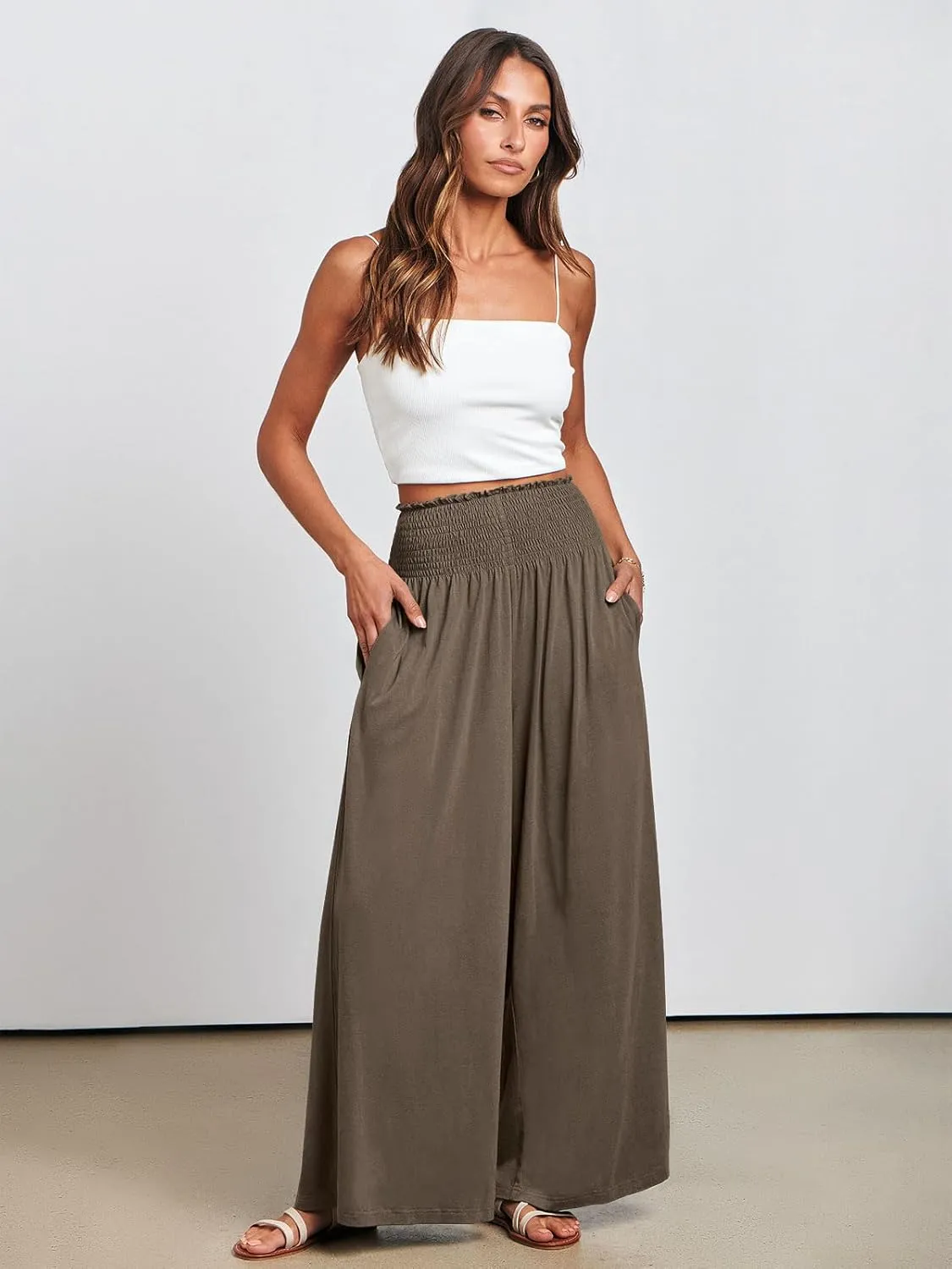 ANRABESS Women Palazzo Pants Summer Boho Bagyy Wide Leg High Smocked Waist Casual Loose Lounge Pant with Pocket