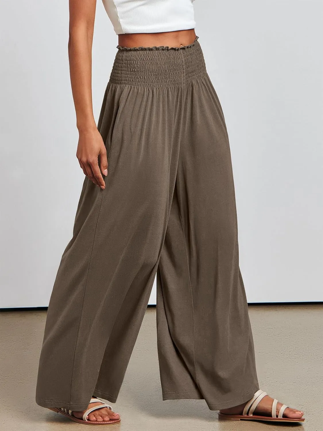ANRABESS Women Palazzo Pants Summer Boho Bagyy Wide Leg High Smocked Waist Casual Loose Lounge Pant with Pocket