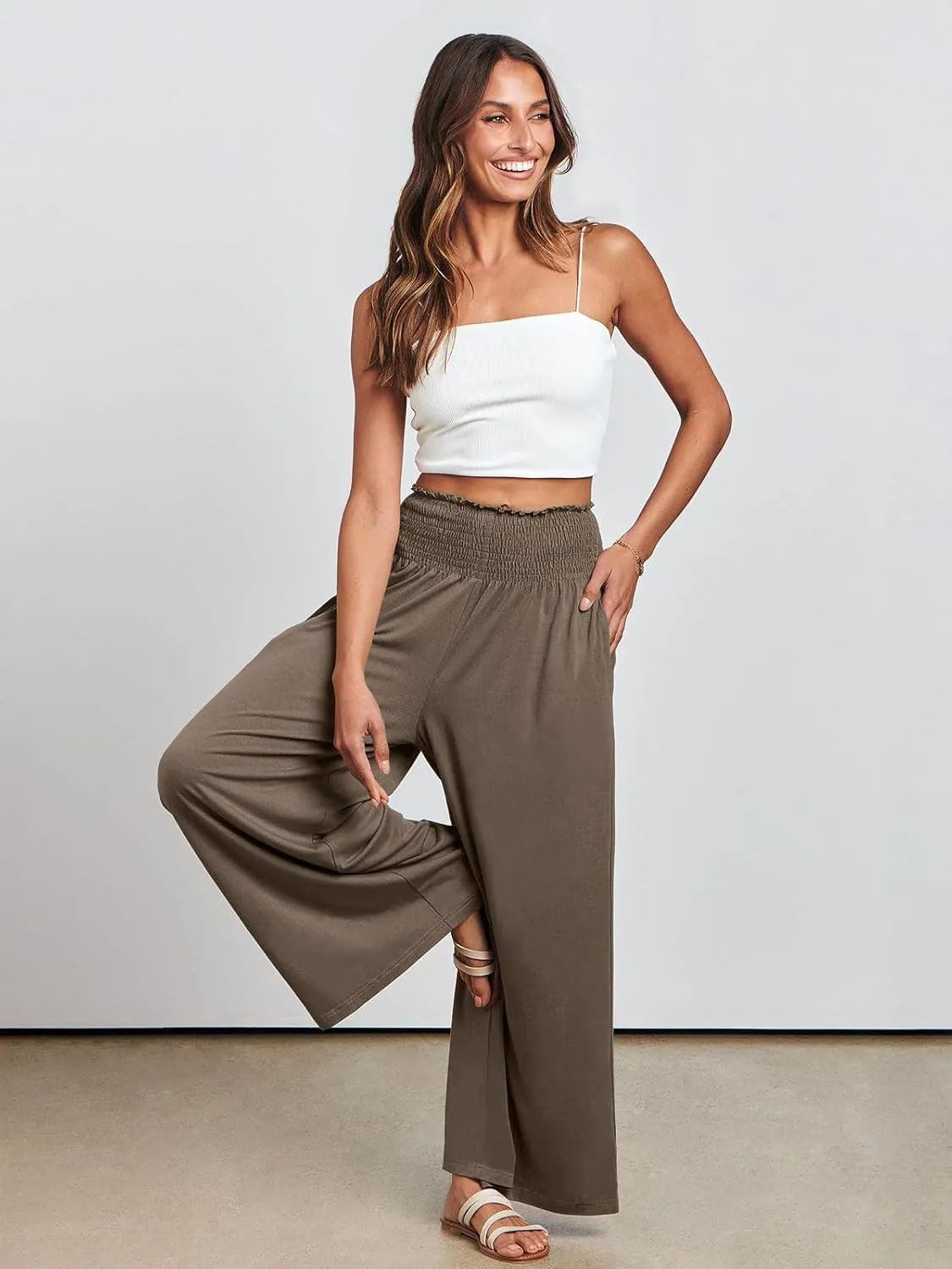 ANRABESS Women Palazzo Pants Summer Boho Bagyy Wide Leg High Smocked Waist Casual Loose Lounge Pant with Pocket