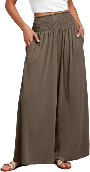 ANRABESS Women Palazzo Pants Summer Boho Bagyy Wide Leg High Smocked Waist Casual Loose Lounge Pant with Pocket
