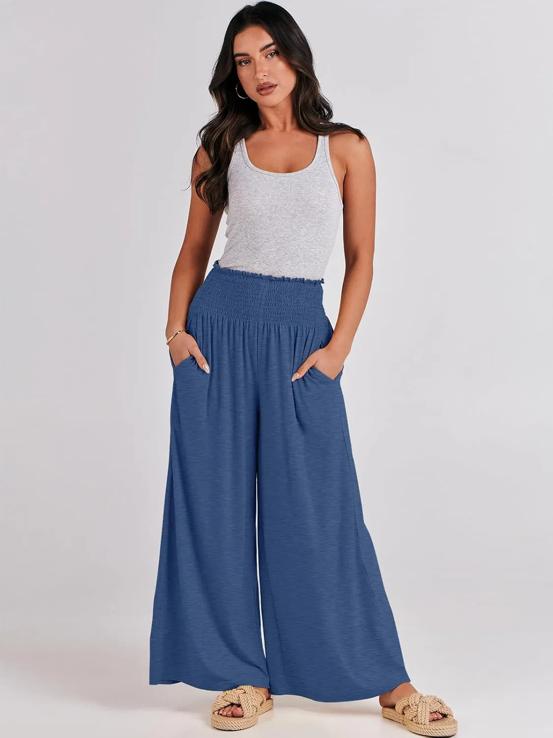 ANRABESS Women Palazzo Pants Summer Boho Bagyy Wide Leg High Smocked Waist Casual Loose Lounge Pant with Pocket