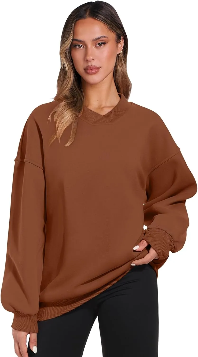 ANRABESS Womens Oversized V Neck Sweatshirt Fleece Long Sleeve Hoodies Pullover Comfy Top Outfits 2024 Teen Preppy Clothes
