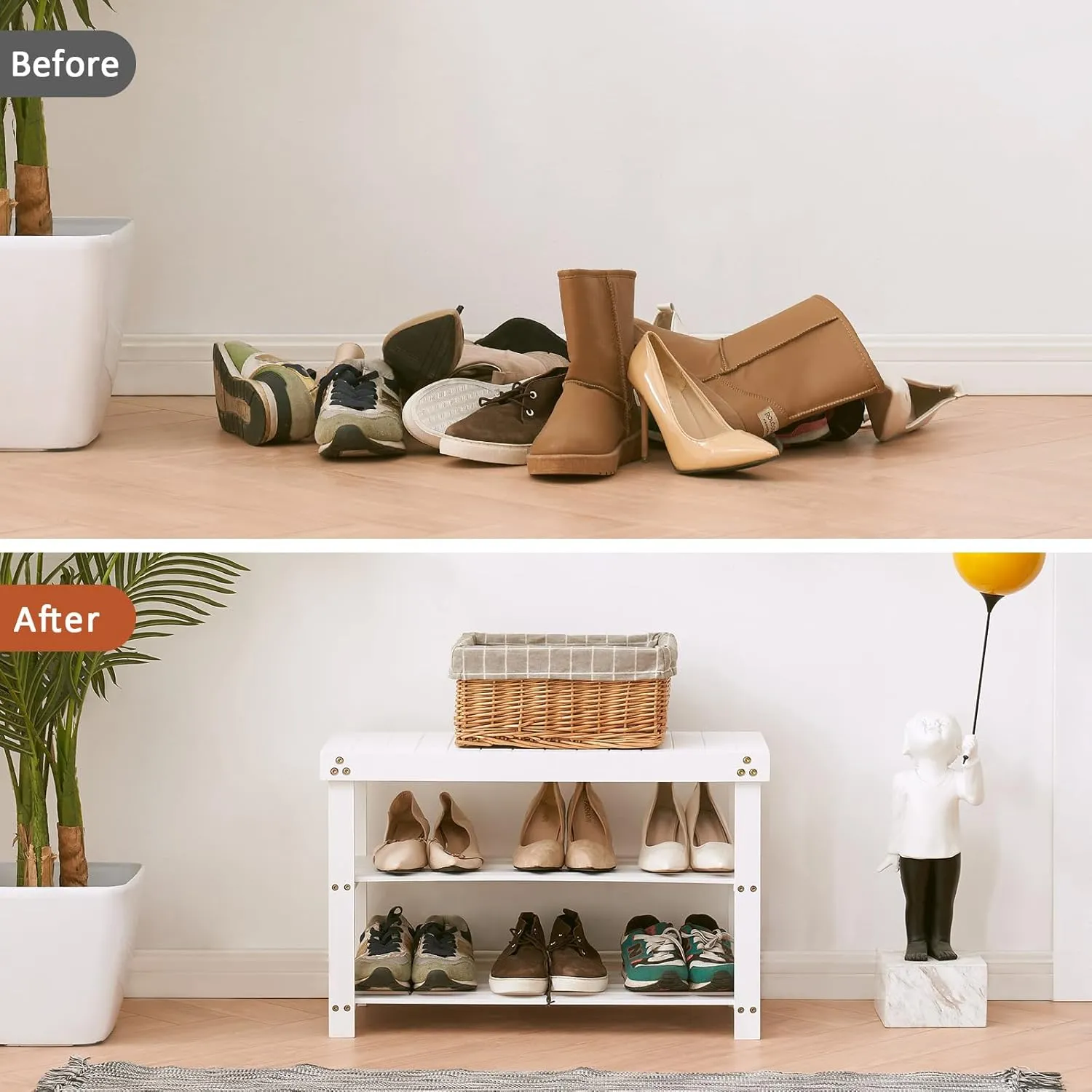 Apicizon Bamboo Shoe Rack for Entryway, 3-Tier Shoe Rack Bench for Front Indoor Entrance, Small Shoe Organizer with Storage, White