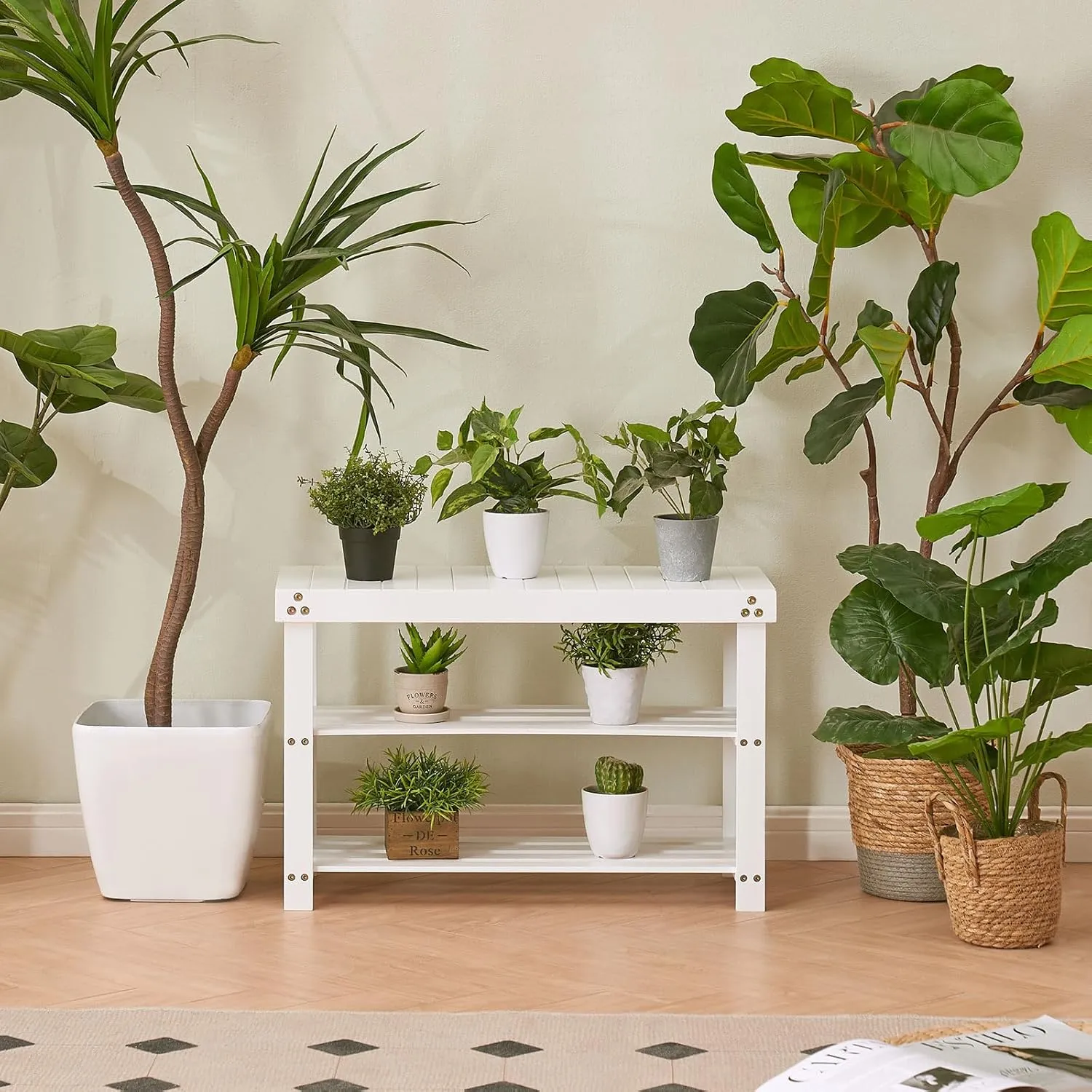Apicizon Bamboo Shoe Rack for Entryway, 3-Tier Shoe Rack Bench for Front Indoor Entrance, Small Shoe Organizer with Storage, White