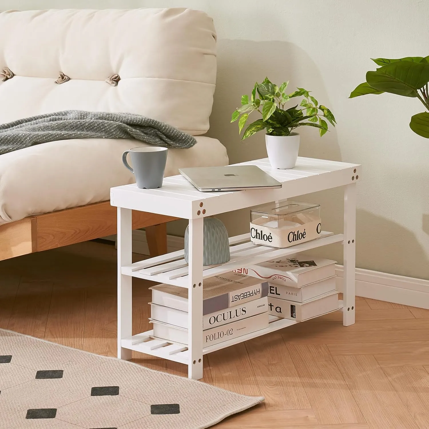 Apicizon Bamboo Shoe Rack for Entryway, 3-Tier Shoe Rack Bench for Front Indoor Entrance, Small Shoe Organizer with Storage, White