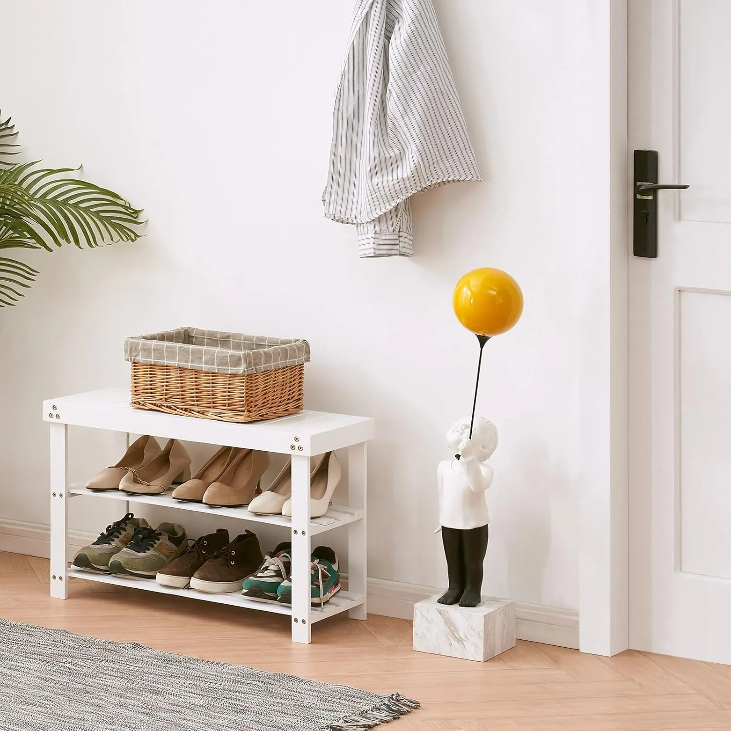 Apicizon Bamboo Shoe Rack for Entryway, 3-Tier Shoe Rack Bench for Front Indoor Entrance, Small Shoe Organizer with Storage, White