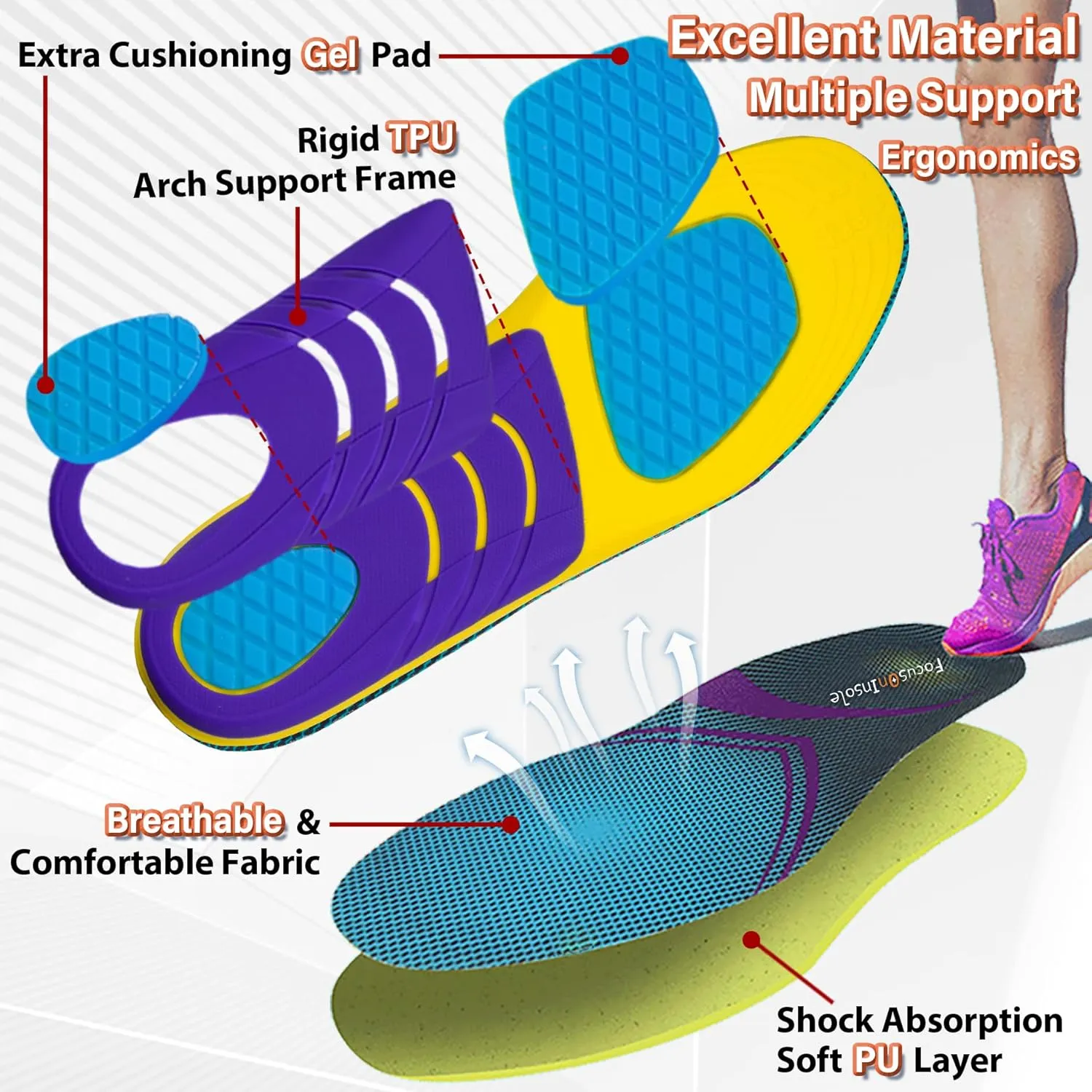 Athletic Shoe Insoles Men Women, 240  lbs Plantar Fasciitis Strong Arch Support Insoles, Ideal for Active Sports Walking Running Training, Orthotic Work Boot Inserts for Standing All Day Pain Relief