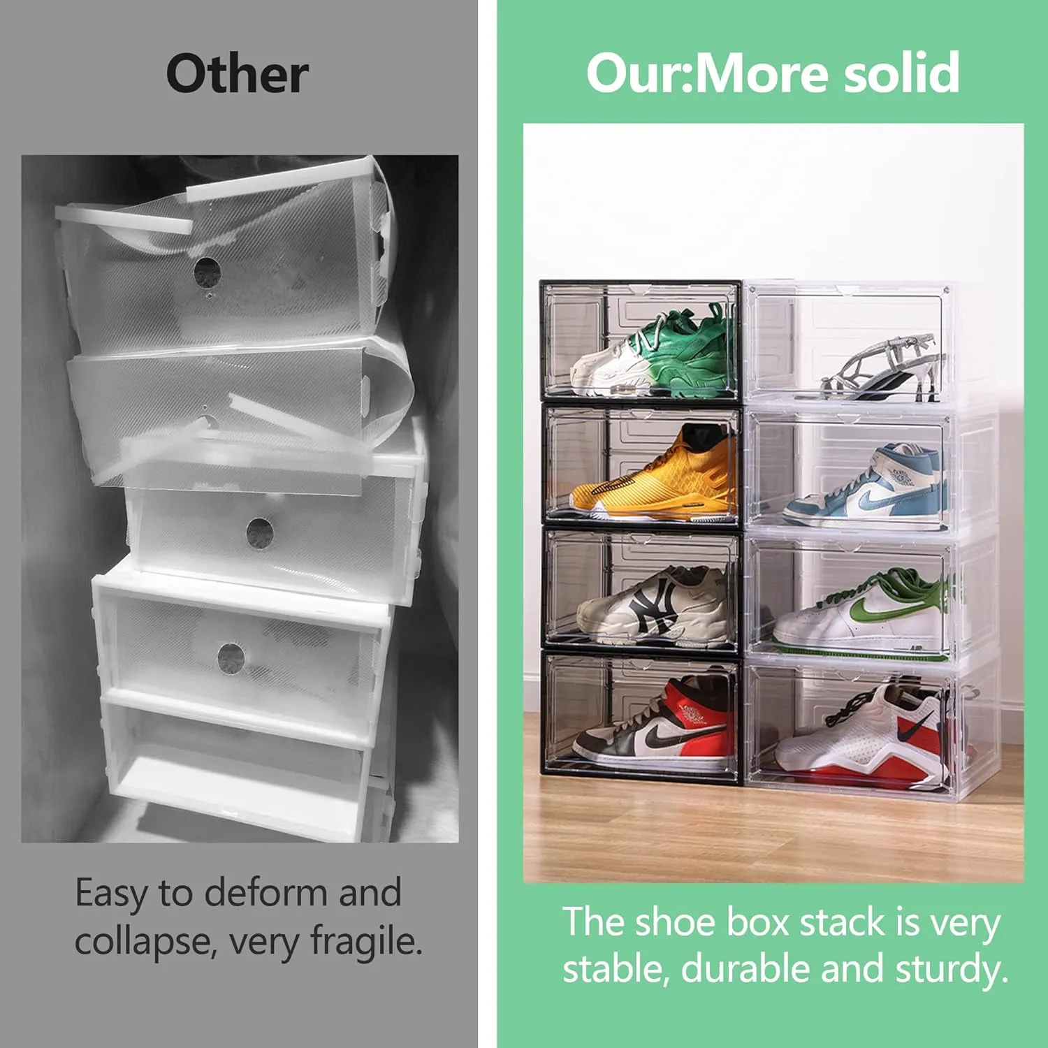 Attelite 8 Pack Shoe Boxes Clear Plastic Stackable, Upgrade Large Shoe Storage Organizer Containers with Magnetic Door for Display Sneaker, Easy Assembly