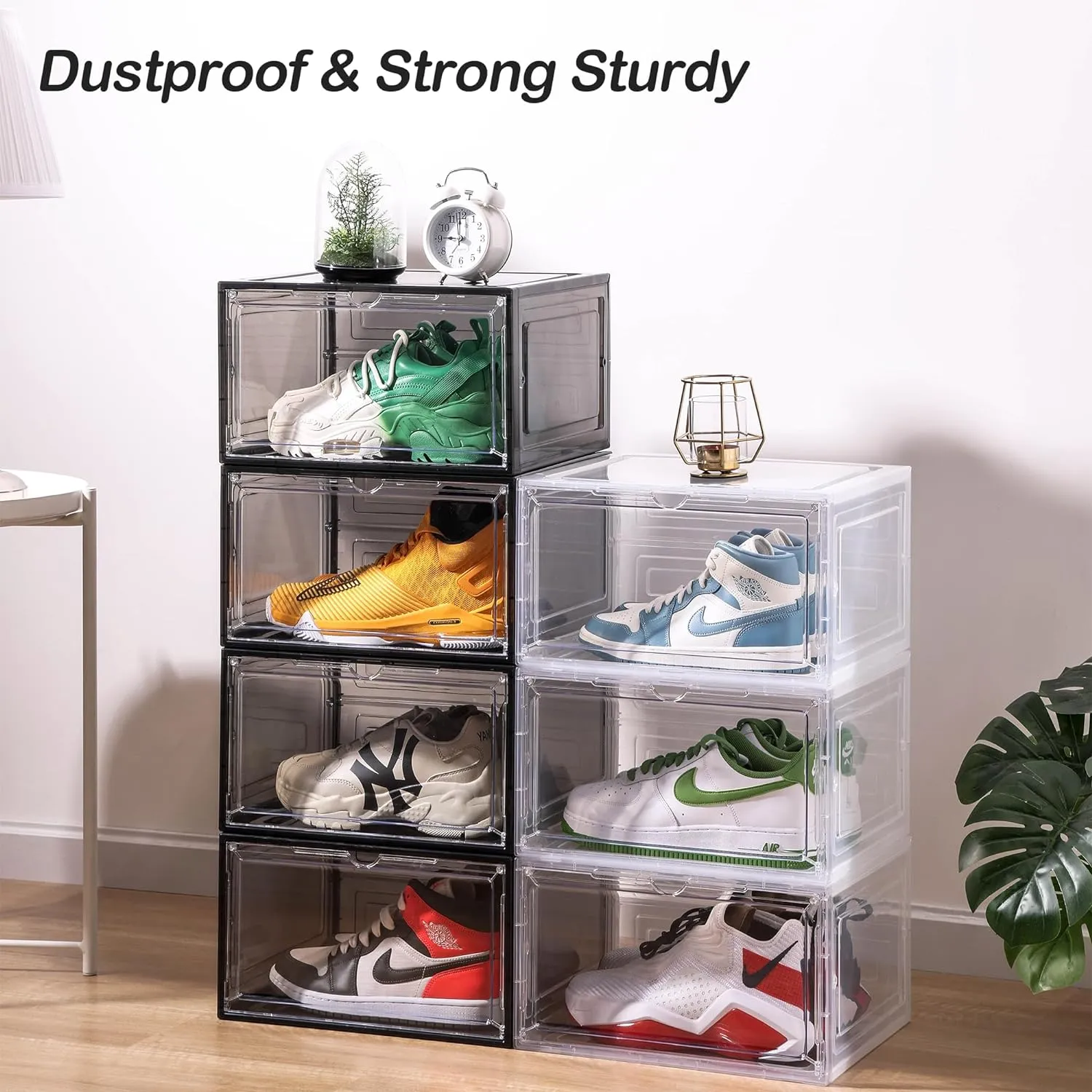 Attelite 8 Pack Shoe Boxes Clear Plastic Stackable, Upgrade Large Shoe Storage Organizer Containers with Magnetic Door for Display Sneaker, Easy Assembly