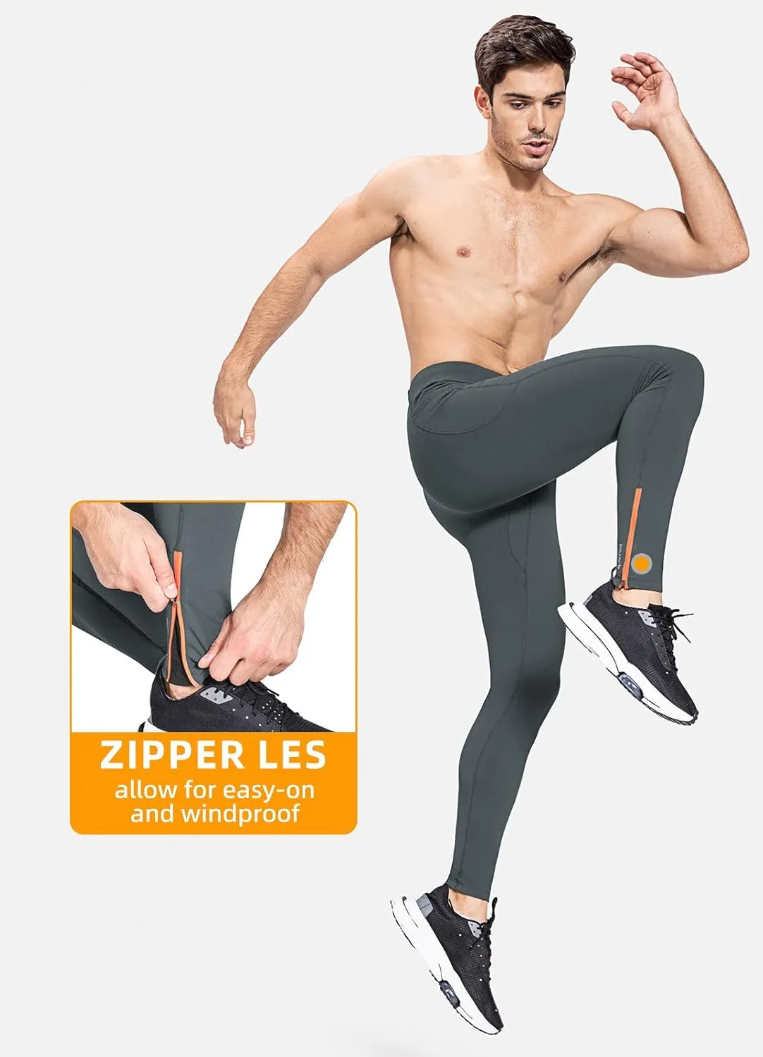baleaf Men's Winter Running Tights Thermal Cycling Pants Water Resistant Fleece Leggings Zipper Pockets Cold Weather Gear