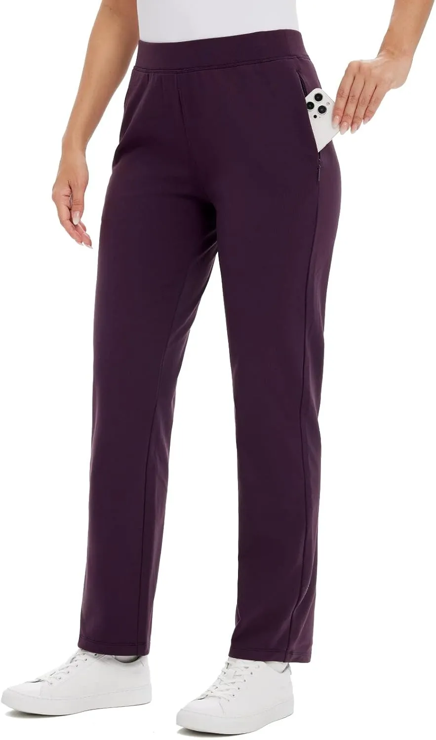 baleaf Women's Fleece Lined Pants Straight Leg Sweatpants Pull-on Dress Pants with Zipper Pockets Athletic for Golf Running