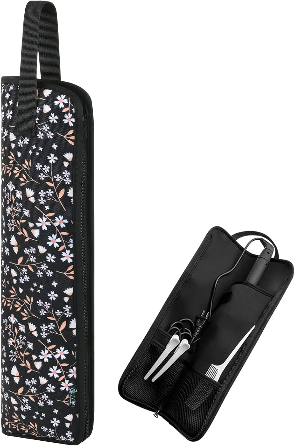 Beautyflier Universal Curling Iron Travel Case, Canvas Heat-Resistant Curling & Flat Iron Holder Travel Case, Hot Curling Iron Holder for Hair Tools Travel Bag or Daily Use (White & Black Flower)