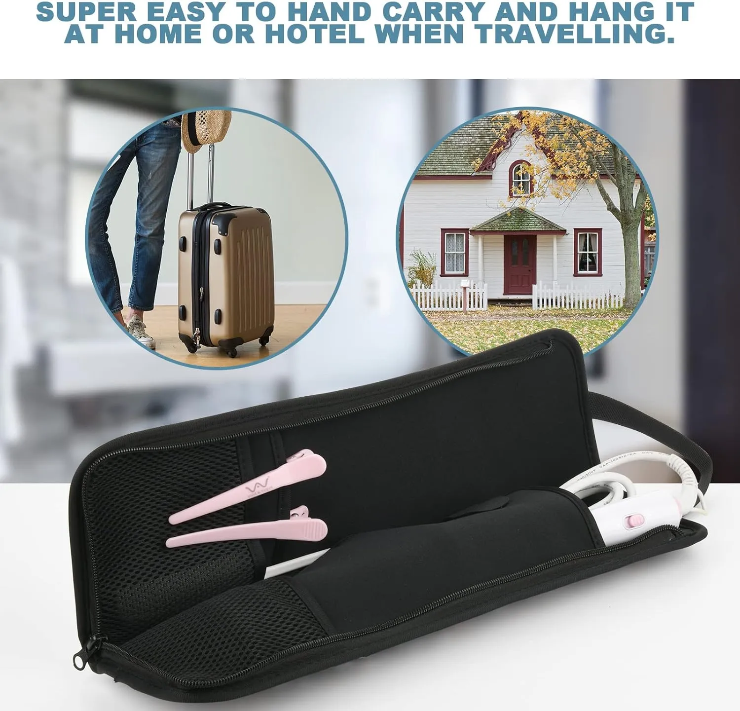 Beautyflier Universal Curling Iron Travel Case, Canvas Heat-Resistant Curling & Flat Iron Holder Travel Case, Hot Curling Iron Holder for Hair Tools Travel Bag or Daily Use (White & Black Flower)