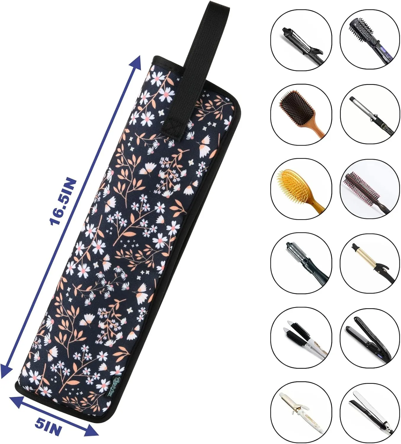 Beautyflier Universal Curling Iron Travel Case, Canvas Heat-Resistant Curling & Flat Iron Holder Travel Case, Hot Curling Iron Holder for Hair Tools Travel Bag or Daily Use (White & Black Flower)