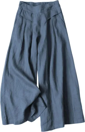 Bianstore Women's Culottes Linen Cropped Wide Leg Pants Elastic Waist Casual Palazzo Trousers with Pockets