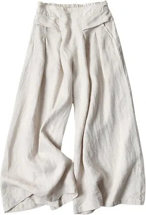 Bianstore Women's Culottes Linen Cropped Wide Leg Pants Elastic Waist Casual Palazzo Trousers with Pockets