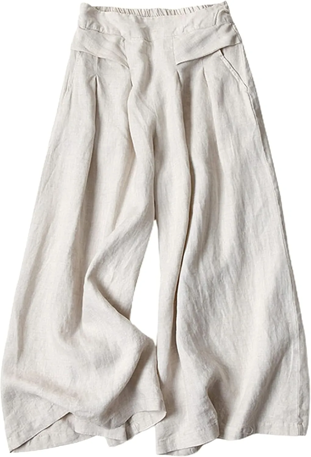 Bianstore Women's Culottes Linen Cropped Wide Leg Pants Elastic Waist Casual Palazzo Trousers with Pockets