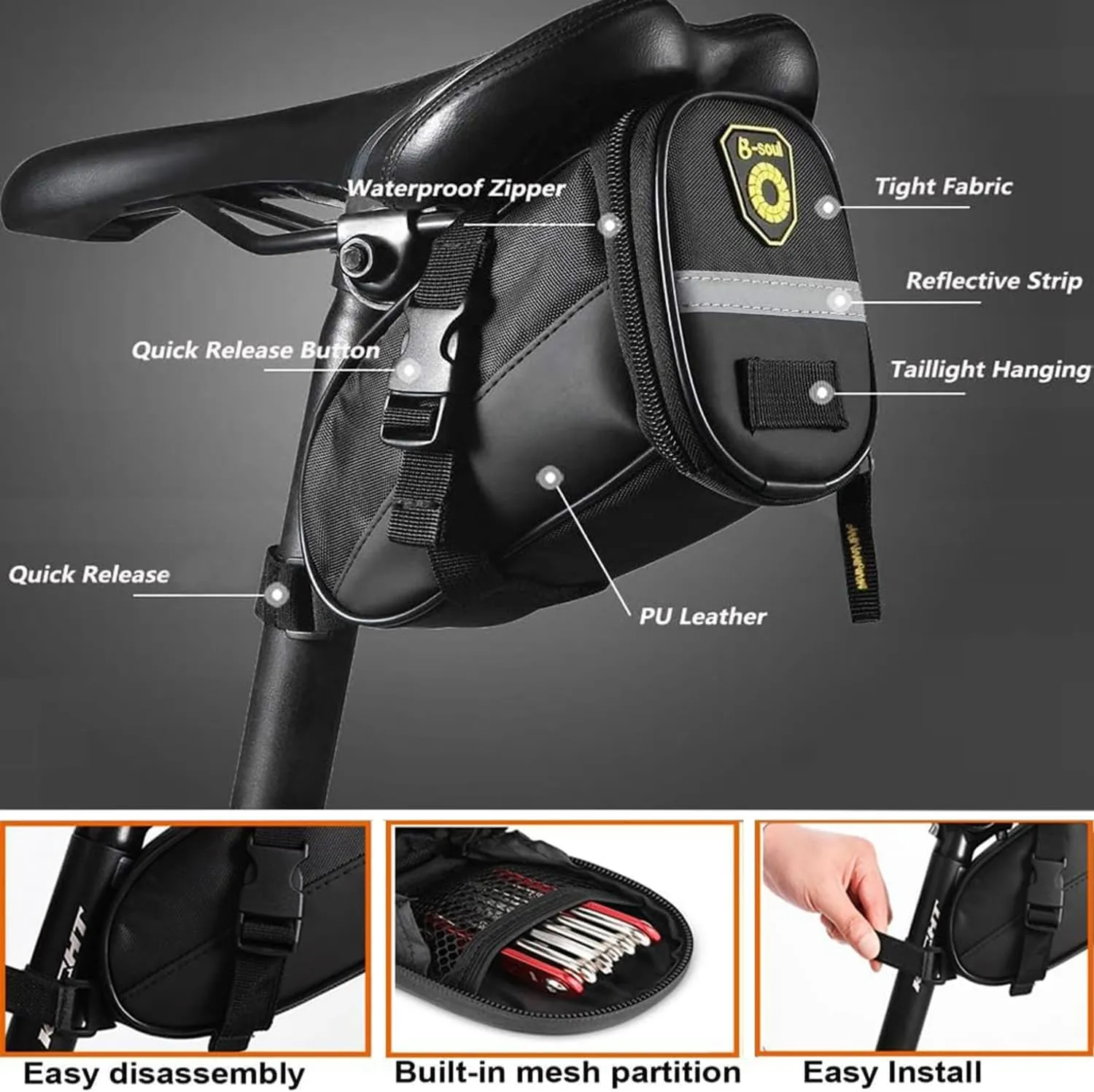 Bike Repair Tool Kit with Mini Bicycle Pump, Bicycle Saddle Bag with Tail Light, 16-in-1 Bike Multitool, Bicycle Tire Repair Kit for Road MTB E-Bikes, Large Capacity Bike Set Pack Bag